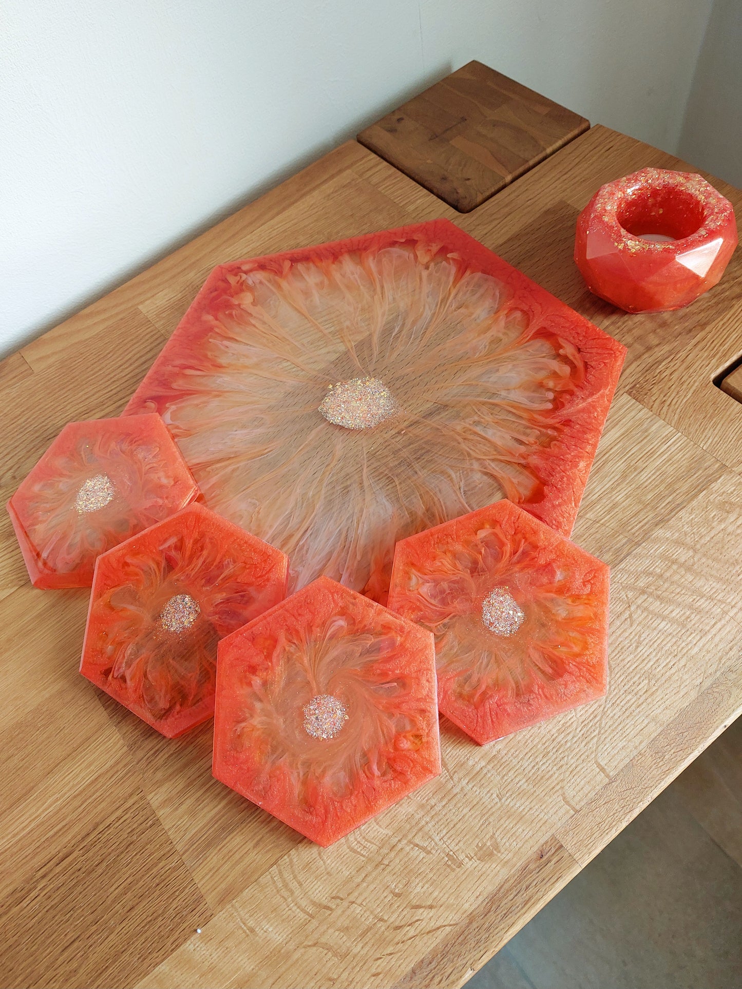 Resin Tablett Untersetzer und Federschale in Orange