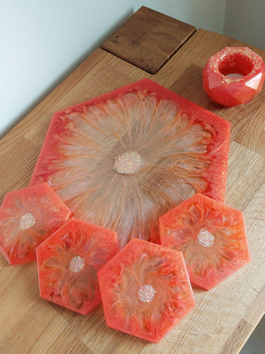 Resin Tablett Untersetzer und Federschale in Orange
