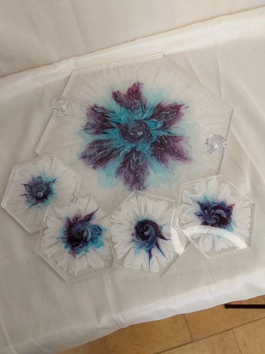 Tablett Hexagon Blüte und Griffe