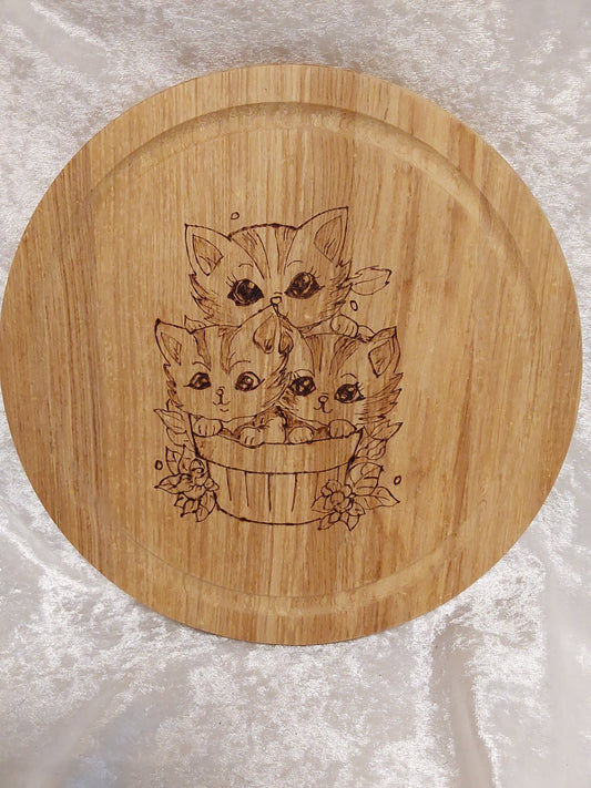 Holztablett rund Katzen