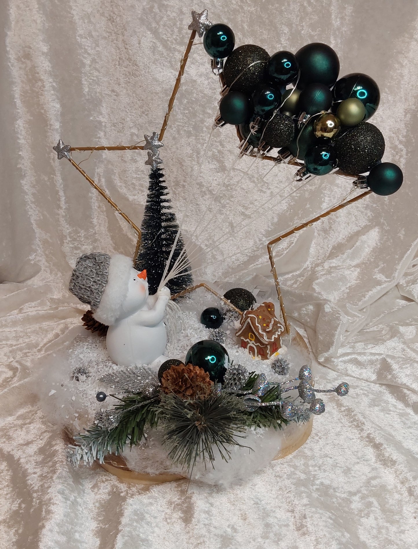 Gesteck mit Beleuchtung Petrol/Silber