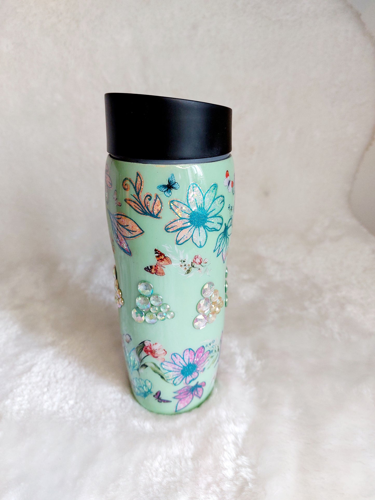 Tumbler Blumen Grün Strasssteine